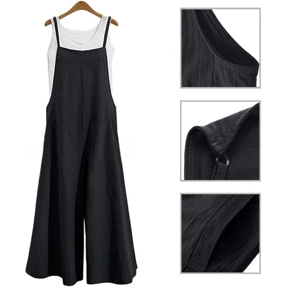 Women Black Casual Loose Long Bib Pants Wide Leg Jumpsuits - Picture 4 of 15